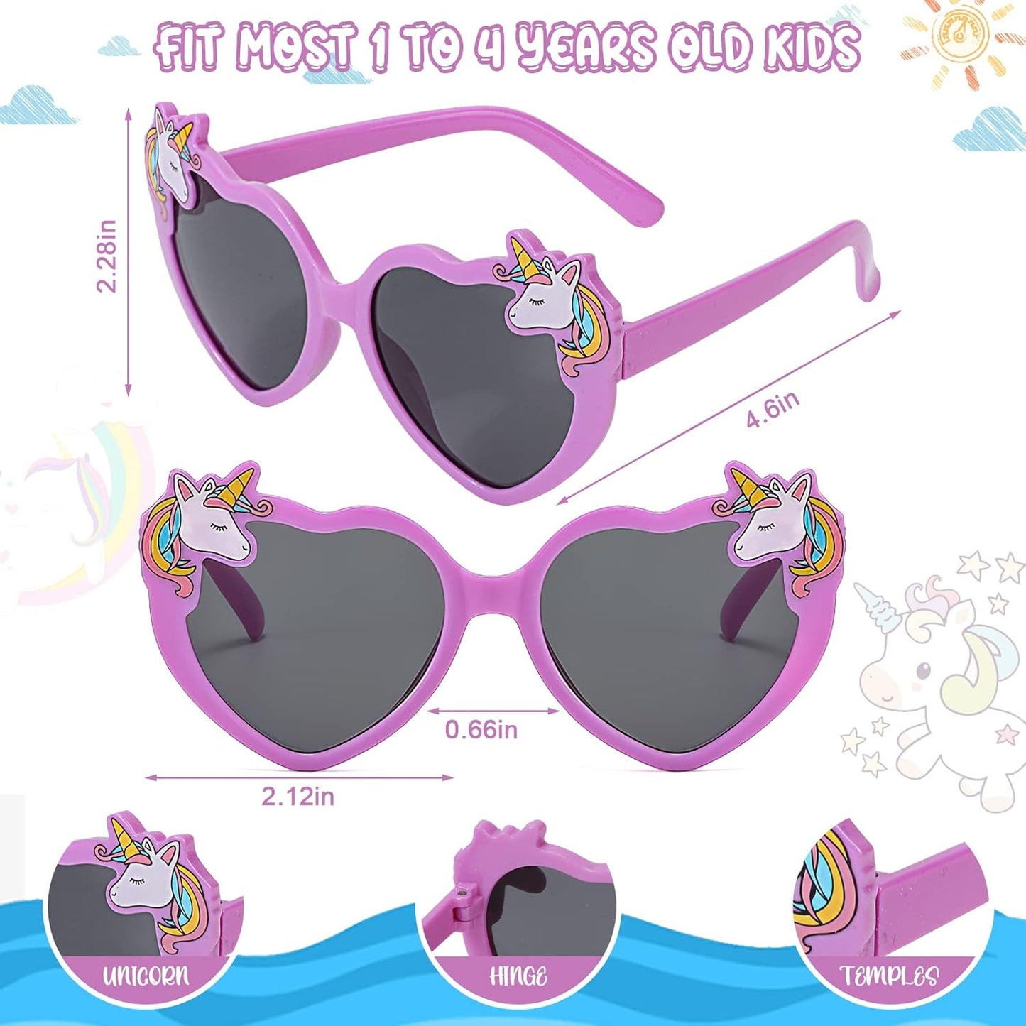 Hifot 3 Stück Kinder Sonnenbrille Einhorn Kunststoffrahmen Polarisiert Brille, Mode Rave Party Dress up Brille für Jungen Mädchen