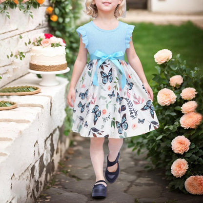 Codkkre Mädchen Kleid Blumen Bowknot Kinder Kleider Rüschenärmel A-Linie Mädchen Kleid Sommer Ostern Mädchen Kleid Rundhals 104 110 116 122 128