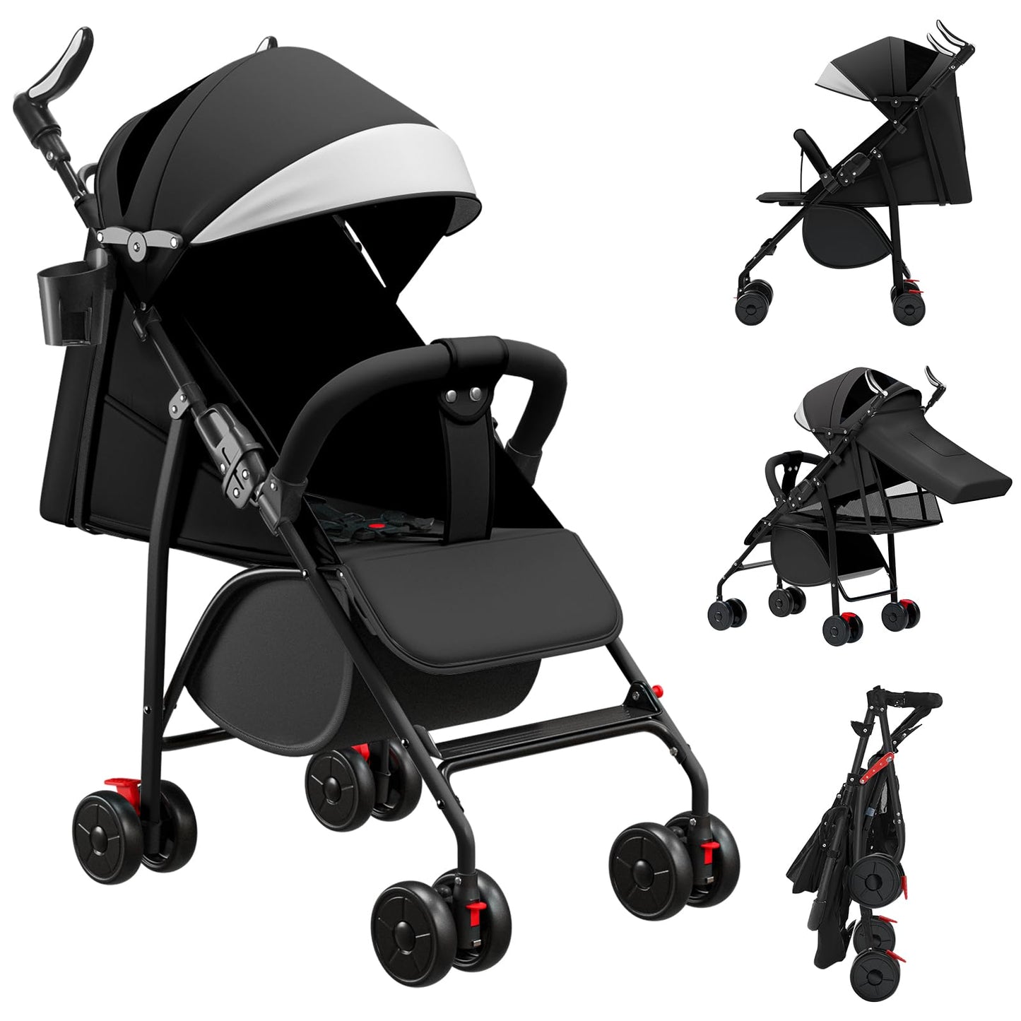 Buggy für Babys, ultraleicht, kompakt, faltbar und neigbar, von Geburt bis 25 kg, mit Trolley-System, Regenschutz inklusive, ausziehbarer Haube, C-schwarz