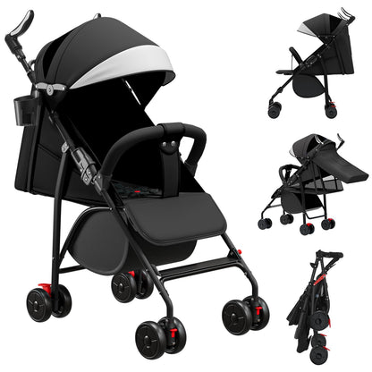 Buggy für Babys, ultraleicht, kompakt, faltbar und neigbar, von Geburt bis 25 kg, mit Trolley-System, Regenschutz inklusive, ausziehbarer Haube, C-schwarz