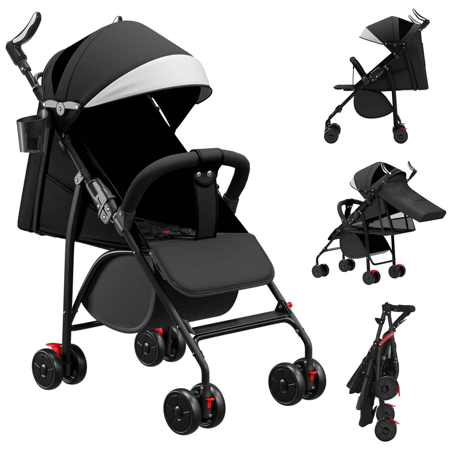 OHMG Kinderbuggy, Klein Zusammenklappbar Kinderwagen,Rücken und Fußstützenverstellung,Hinterradbremse,5-Punkt-Gurt,Einfaches Ein-Hand-Falten,Baby Reisebuggy