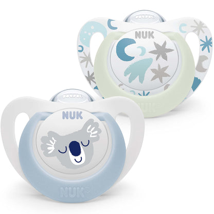 NUK Star Night & Day Baby Schnuller | 0-6 Monate | im Dunkeln leuchtend | BPA-freies Silikon | Koala blau | 2 Stück