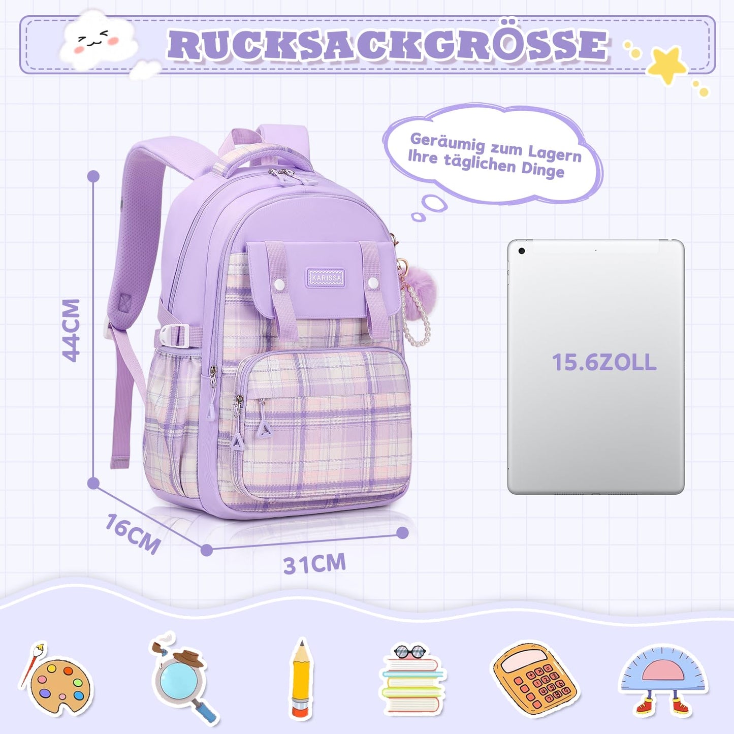 Rucksack mädchen 22L ergonomisch mit reflektierenden Streifen | Wasserdichtes Karogewebe, atmungsaktives 3D-Rückenpolster, zahlreiche getrennte Fächer, passend für 15,6-Zoll-Laptops