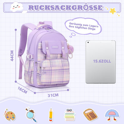 Rucksack mädchen 22L ergonomisch mit reflektierenden Streifen | Wasserdichtes Karogewebe, atmungsaktives 3D-Rückenpolster, zahlreiche getrennte Fächer, passend für 15,6-Zoll-Laptops