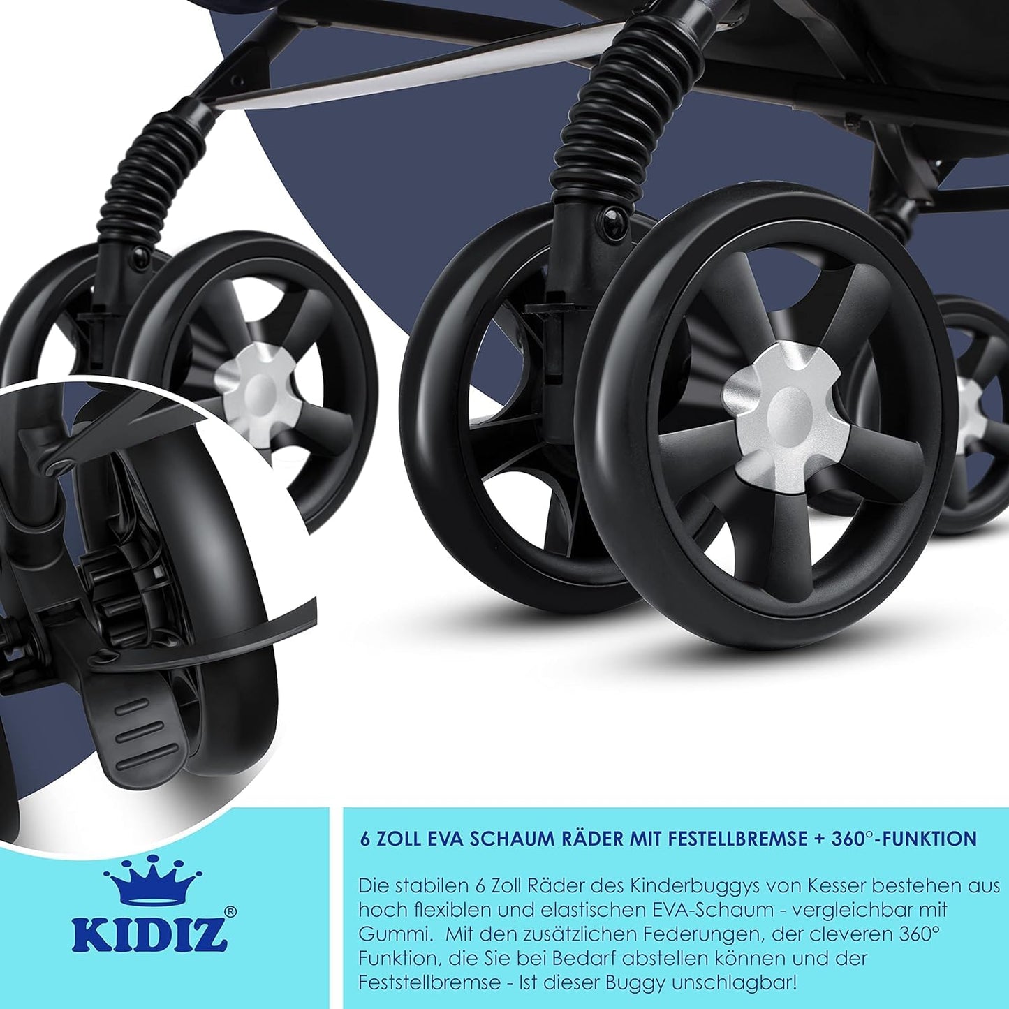 KIDIZ® City-Pro Pushchair Folding Pushchair Pushchair Sports Pushchair Foldable 360° 6 Inch Wheels Includes Mosquito Net, Footmuff and Rain Cover Foldable Sleep Function Blue 