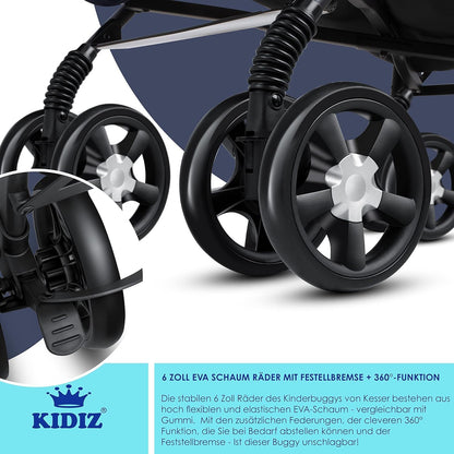 KIDIZ® City-Pro Pushchair Folding Pushchair Pushchair Sports Pushchair Foldable 360° 6 Inch Wheels Includes Mosquito Net, Footmuff and Rain Cover Foldable Sleep Function Blue 