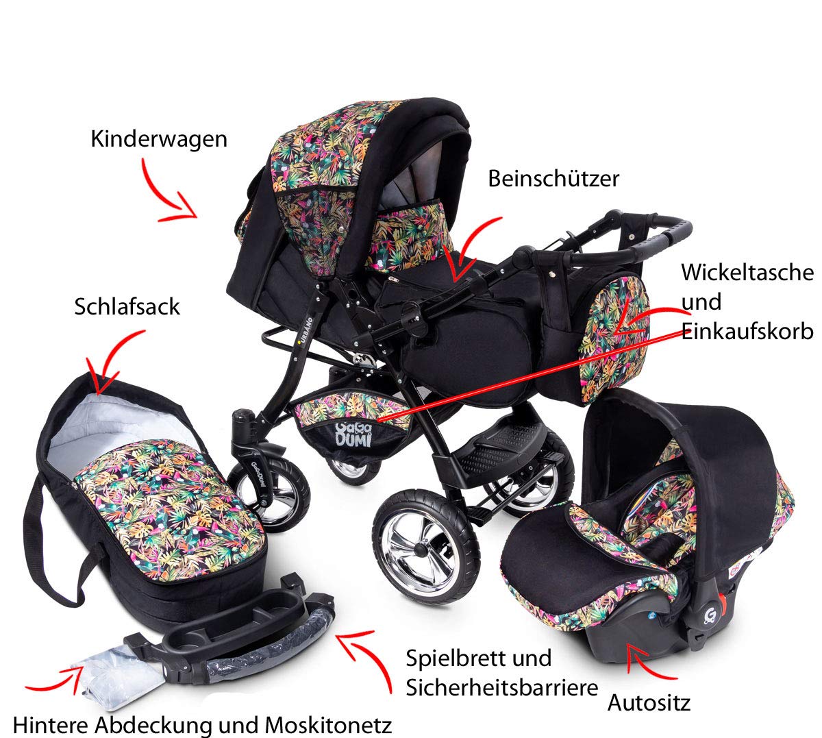GaGaDumi Urbano Kinderwagen 3 in 1 Komplettset mit Autositz - Baby Stroller 3 in 1 TÜV - Kombikinderwagen 3 in 1 Komplettset Voll-Gummireifen - Blau Schwarz