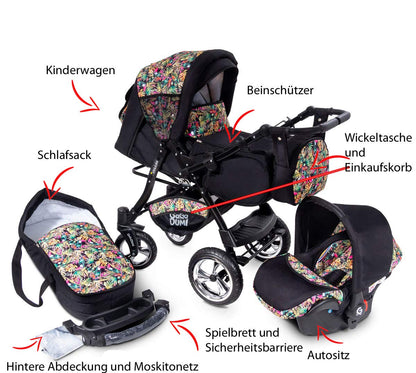 GaGaDumi Urbano Kinderwagen 3 in 1 Komplettset mit Autositz - Baby Stroller 3 in 1 TÜV - Kombikinderwagen 3 in 1 Komplettset Voll-Gummireifen - Blau Schwarz