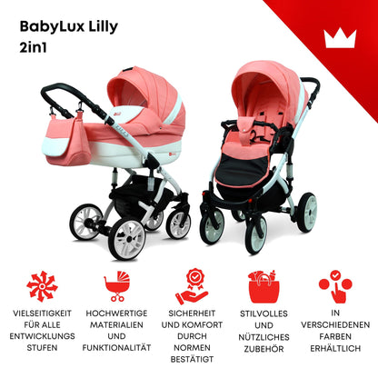 BabyLux® Bambimo Kinderwagen Set 3 in 1 - Lilly - incl. Babywanne, Buggy Sportsitz, Auto-Babyschale - Autositz - Kinderwagenset - Kombikinderwagen mit Wickeltasche, Regenschutz usw.