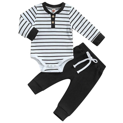 JiAmy Baby Boys' Clothing Long Sleeve Striped Bodysuit Romper + Trousers Outfit Set Newborn Soft Cotton Baby Clothing 0-24 Months