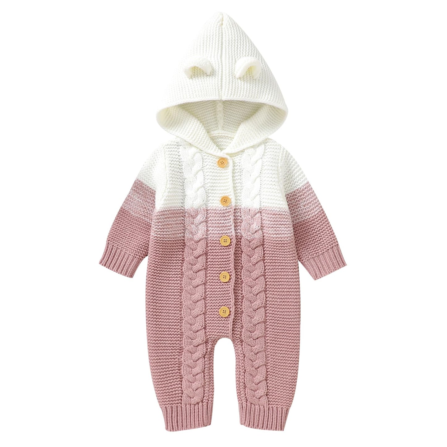 OBEEII Newborn Baby Knitted Romper Jumpsuit with Hood Ear Onesies Pullover Winter Warmer Onesie Bodysuit for Boys Girls