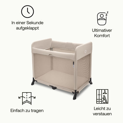 Bugaboo Stardust, 2-in-1, leichtes, kompaktes und faltbares Reisebett | kompakter Spielstall, mit Matratze, in 1 Sekunde aufgeklappt, für Babys und Kleinkinder, inklusive Tragetasche, Desert Taupe
