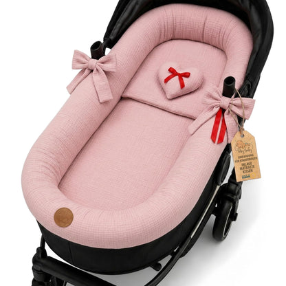 Stubenwagen Umrandung aus Musselin Baumwolle – Nestchen für Babywanne Kinderwagen und Buggy Atmungsaktiv – Schonbezug Set 3-teilig mit Kissen und Einlage für Neugeborene Gefieder