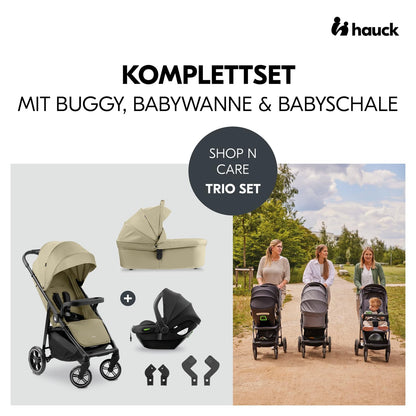 hauck 3in1 Kinderwagen Set Shop N Care Trio Set inkl. Buggy, Babywanne, Babyschale ab Geburt bis 22 kg, Klein Zusammenklappbar, Liegefunktion, Getränkehalter & Tablett, UV-Schutz 50+ (Grey)