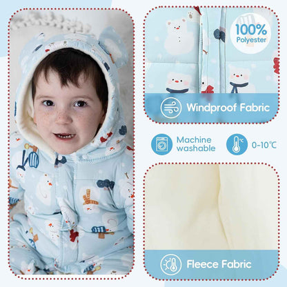 JiAmy Baby Snowsuit, Toddler Winter Romper Girls Boys Winter Jumpsuit with Hood Long Sleeve Jumpsuit Cute Prints for 3-24 Months