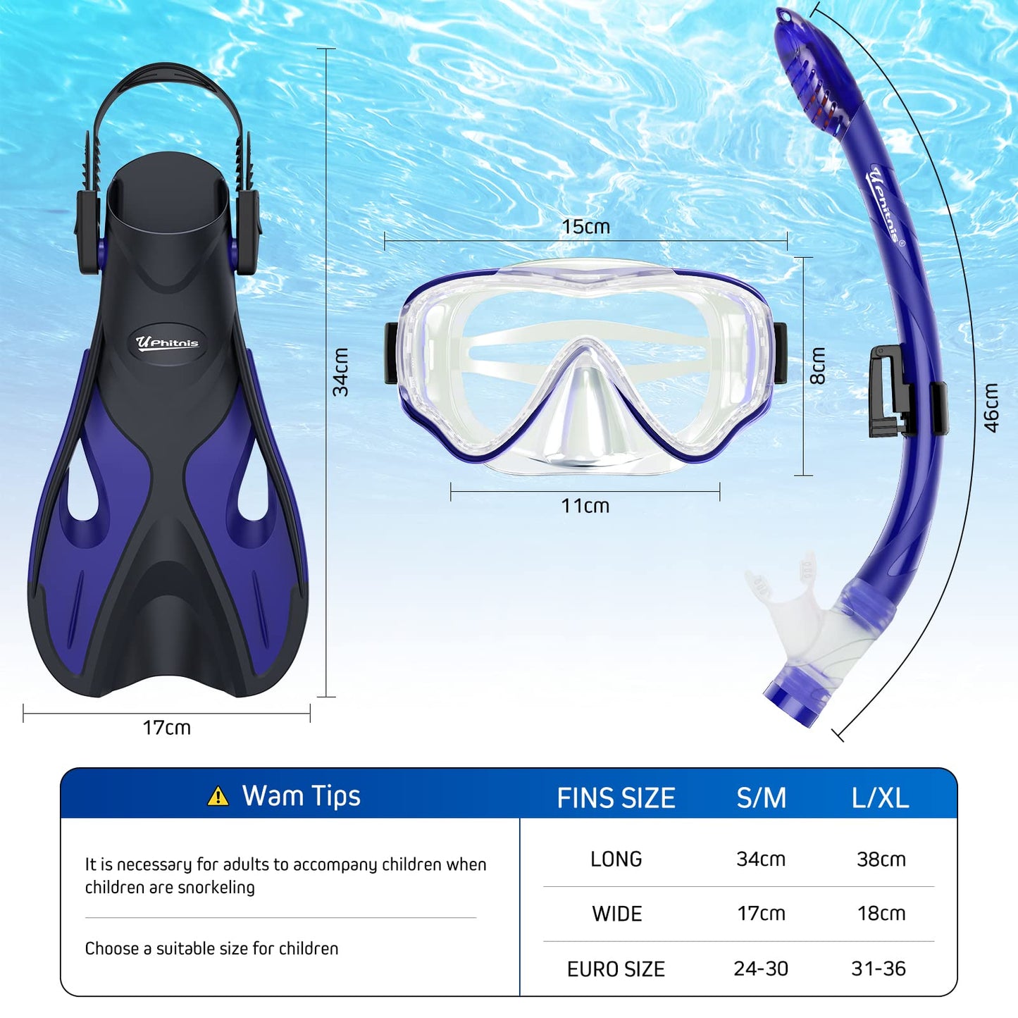 UPhitnis Kinderschnorchelset mit Flossen, Antibeschlag 180° Panorama Taucherbrille, verstellbare Schwimmflossen und Premium Dry Schnorchel, 3-in-1 Schnorchelset für Kinder mit Tragetasche