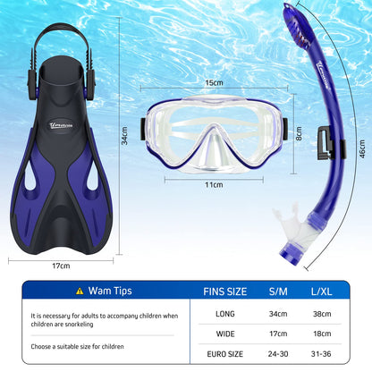 UPhitnis Kinderschnorchelset mit Flossen, Antibeschlag 180° Panorama Taucherbrille, verstellbare Schwimmflossen und Premium Dry Schnorchel, 3-in-1 Schnorchelset für Kinder mit Tragetasche