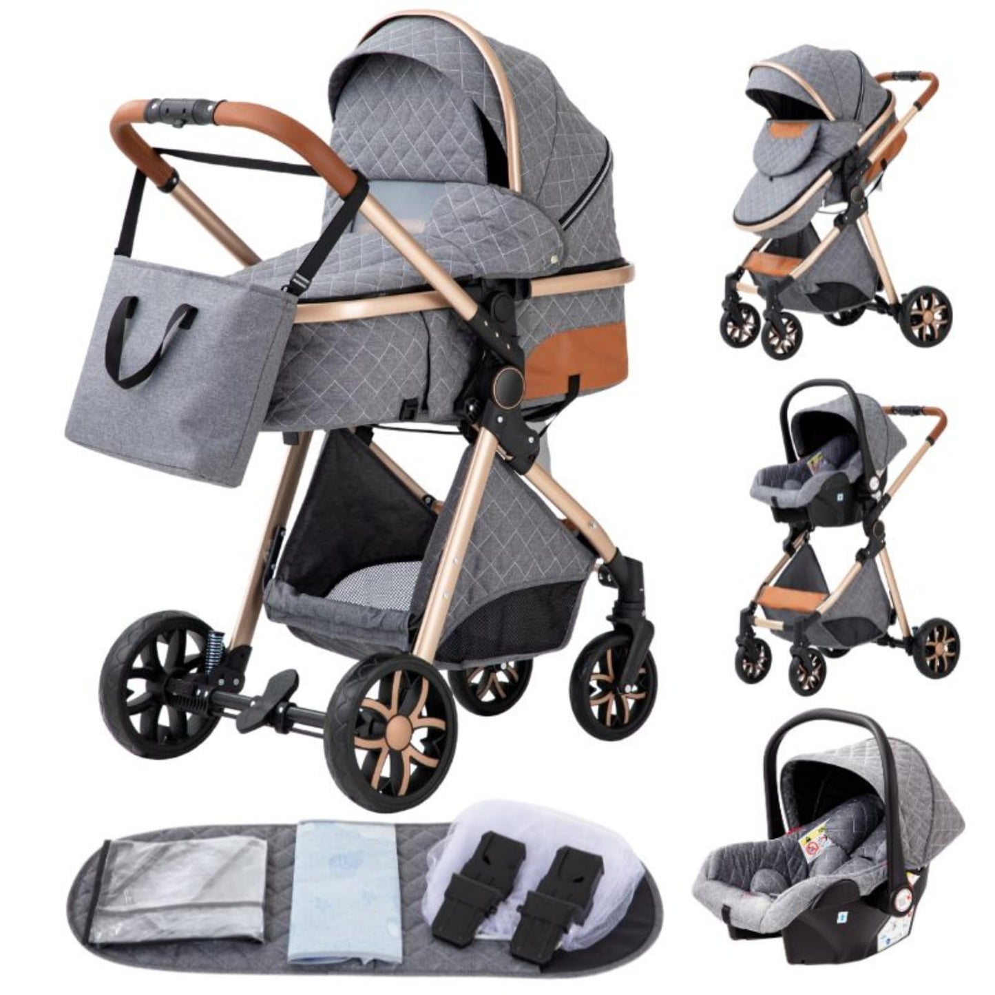 YAZOCO Kinderwagen 3 in 1 Buggy Babybett Komplett Set mit einem Klick Zusammenklappbarer Kinderwagen, KombiKinderwagen Aluminiumrahmen für Neugeborene Sitzzubehör - Meloni2