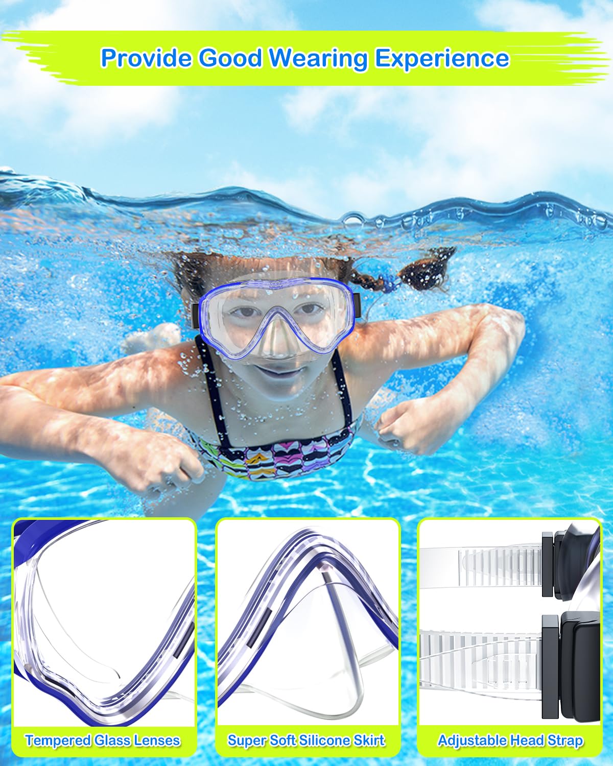 SkrekuiMa Taucherbrille Kinder | Schwimmbrille Kinder Schnorchelmaske Anti-Fog Anti-Leck | Tauchmaske Kinder 180°Panorama HD Tempered Glas für Kinder 4-12 Jahre Jungen Mädchen
