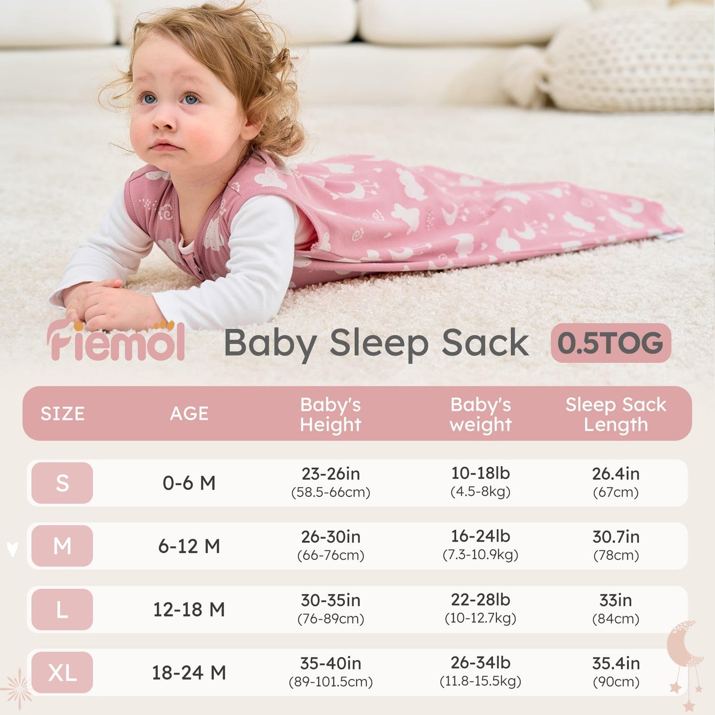 FIEMOL Baby Sleeping Bag 2.5 Tog 0-6 Months, Winter Cotton Newborn Baby Sleeping Bag, Wearable Blanket for Infants and Toddlers, 2-Way Zip Sleeping Bag, 67 cm, Rainbow
