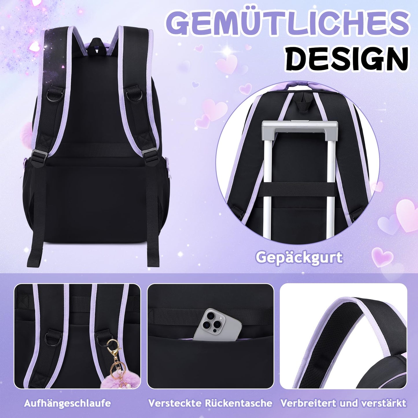 Schulrucksack Mädchen Herzdesign 22L mit Gepäckgurt für Schule | Spitze & Schleifendetails, Ergonomische 3D-Rückenpolsterung, wasserabweisendes Polyester, zahlreiche getrennte Fächer
