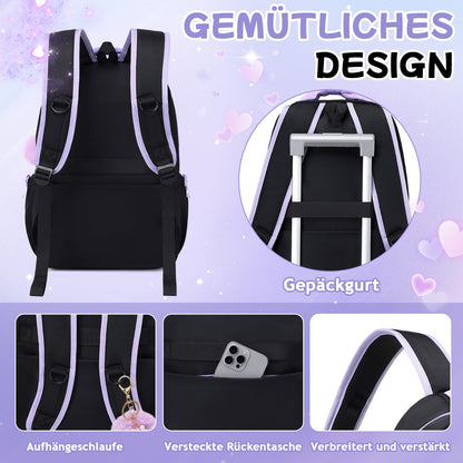 Schulrucksack Mädchen Herzdesign 22L mit Gepäckgurt für Schule | Spitze & Schleifendetails, Ergonomische 3D-Rückenpolsterung, wasserabweisendes Polyester, zahlreiche getrennte Fächer