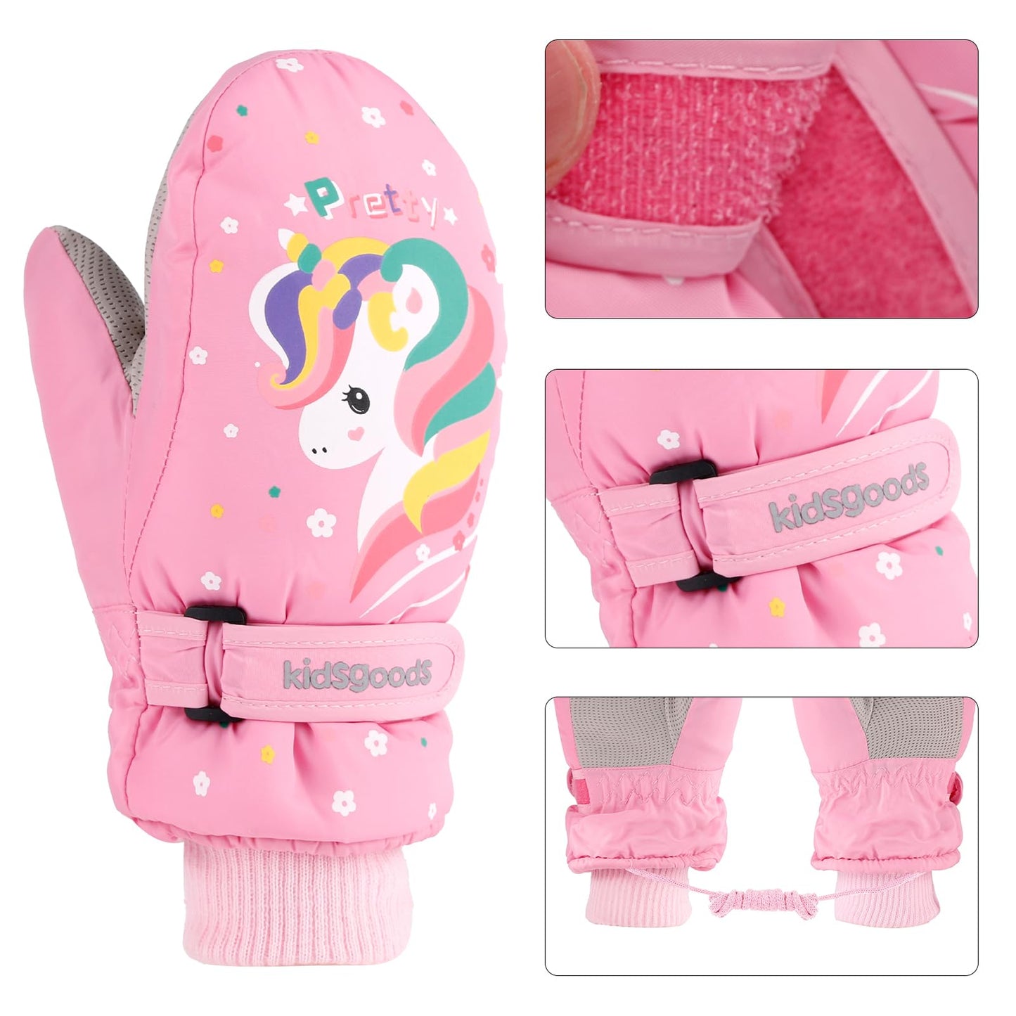 KAKU NANU Children's Winter Gloves 2-10 Years Ski Gloves Waterproof Warm Fleece Cartoon Children's Gloves Mittens with Cord Outdoor Snowboard Gloves Children Boys Girls Blue Red Pink Purple