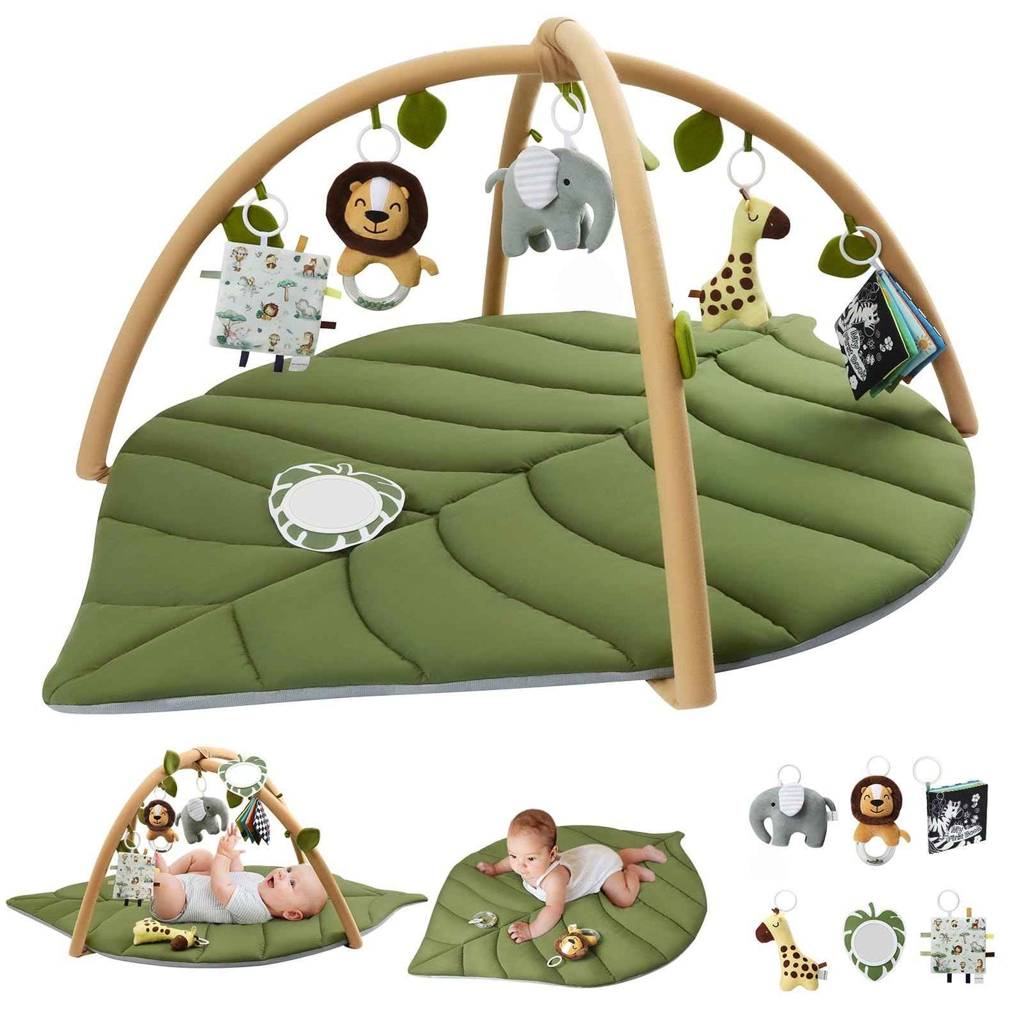 Blissful Diary Spielbogen Baby, Übergroßes Blattförmiges Spieldecke Baby Gym Activity Decke mit 6 Abnehmbare Spielzeuge, krabbeldecke Unverzichtbare Babygeschenke, Waldgrün
