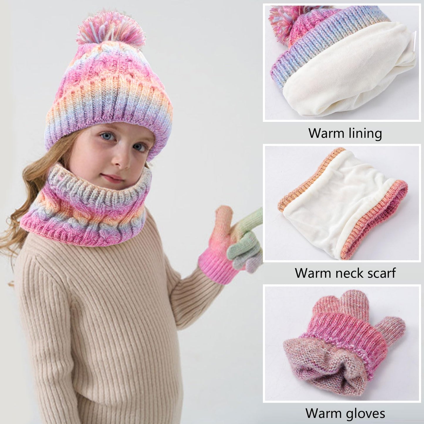 Children's Hat Scarf Gloves Set - 3-in-1 Winter Knitted Hat Scarf and Gloves Set for Children with Pom Pom Beanie, Neck Warmer & Mittens for Boys Girls Age 3-10 Years