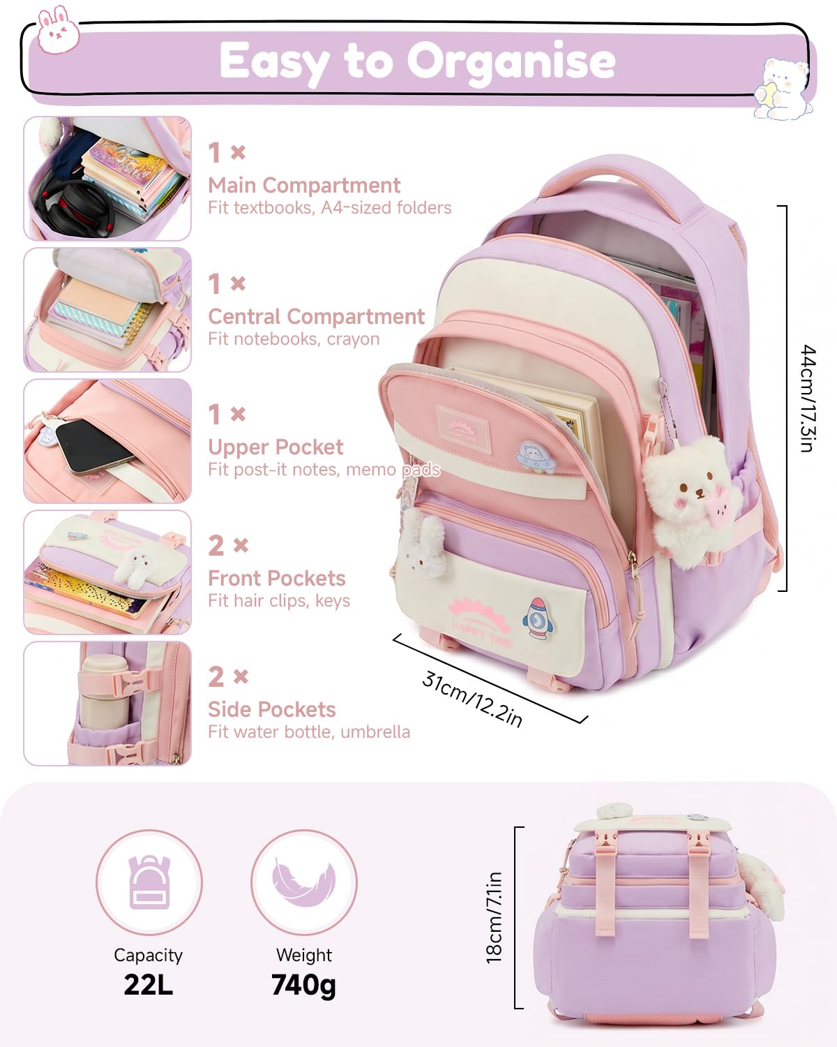 Tanou Schultasche Mädchen, Wasserabweisender Nylon Kinder Schulranzen, 20L | Leichter Schulrucksack für Mädchen der 2. bis 5. Klasse, Rucksack Schule mit Anhänger, Blau
