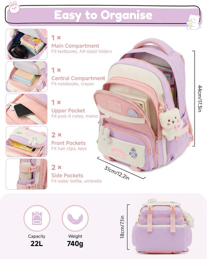 Tanou Schultasche Mädchen, Wasserabweisender Nylon Kinder Schulranzen, 20L | Leichter Schulrucksack für Mädchen der 2. bis 5. Klasse, Rucksack Schule mit Anhänger, Blau