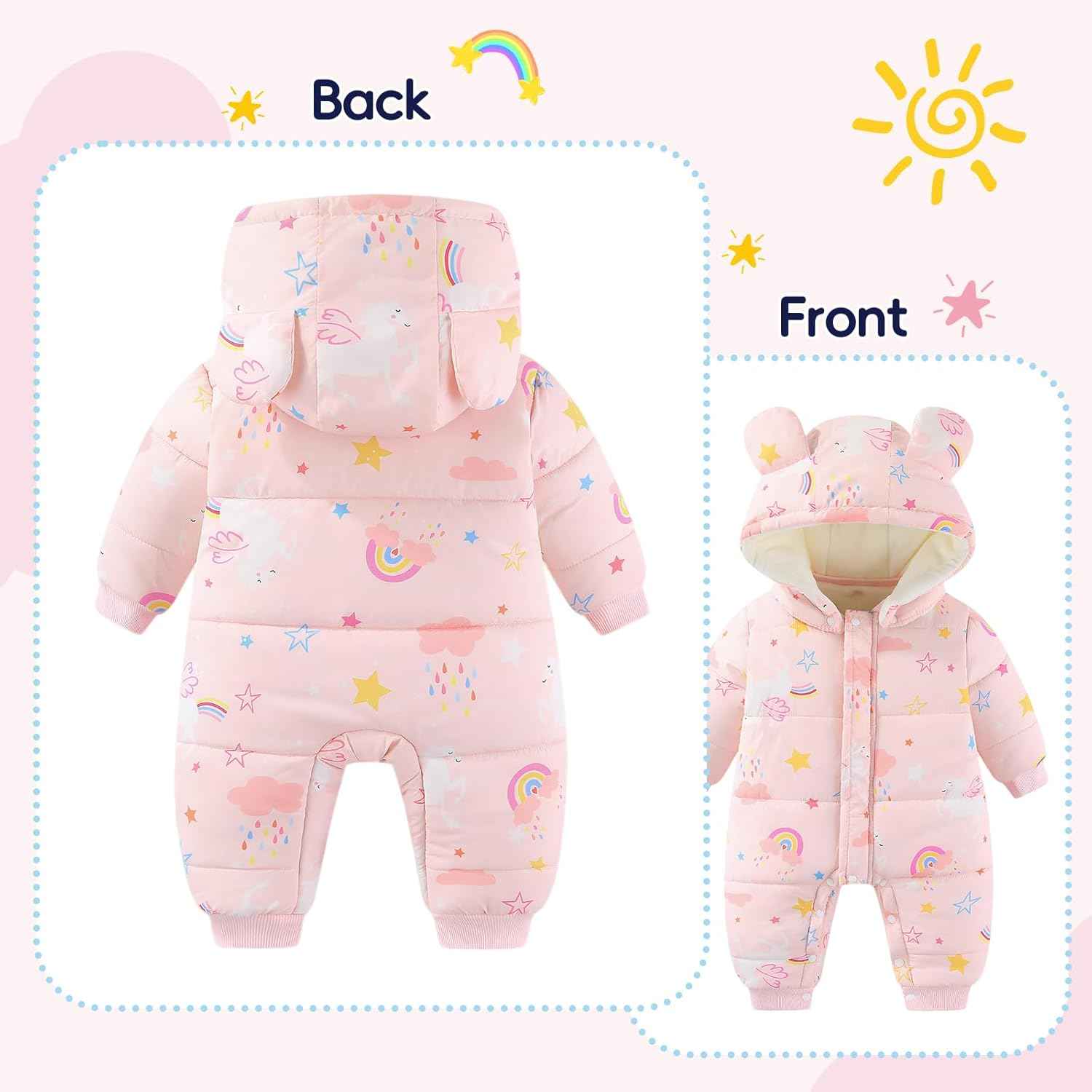 JiAmy Baby Snowsuit, Toddler Winter Romper Girls Boys Winter Jumpsuit with Hood Long Sleeve Jumpsuit Cute Prints for 3-24 Months