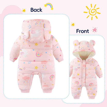 JiAmy Baby Snowsuit, Toddler Winter Romper Girls Boys Winter Jumpsuit with Hood Long Sleeve Jumpsuit Cute Prints for 3-24 Months