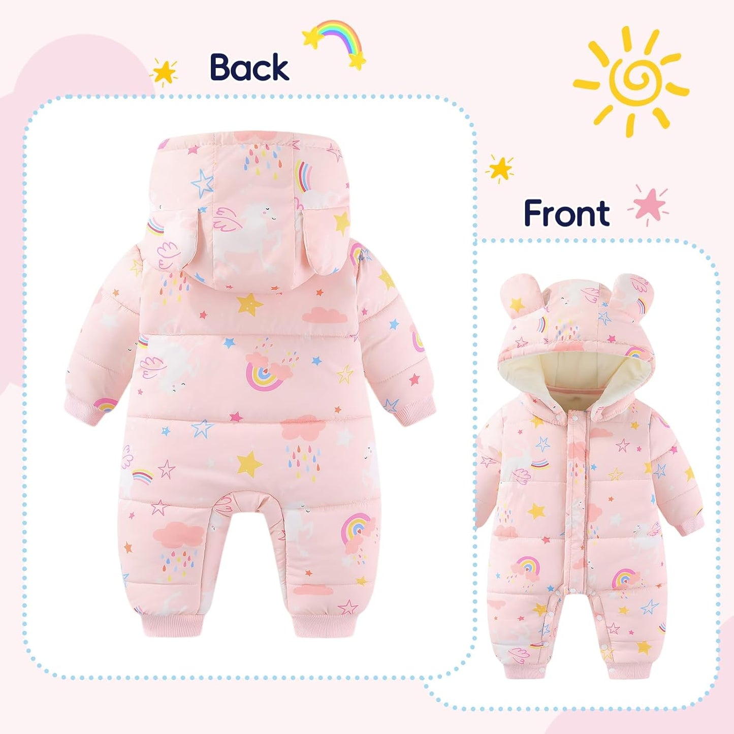 JiAmy Baby Snowsuit, Toddler Winter Romper Girls Boys Winter Jumpsuit with Hood Long Sleeve Jumpsuit Cute Prints for 3-24 Months