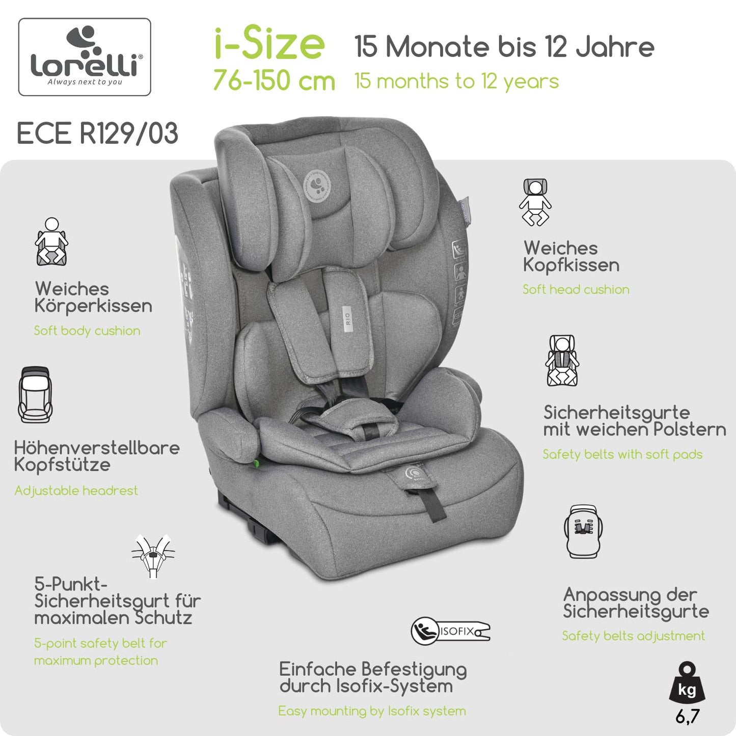 Lorelli Auto Kindersitz Rio mit Isofix, i-Size 76-150 cm, Mitwachsender Autositz für Kinder, Babysitz, Autokindersitz, Verstellbare Kopfstütze, 5-Punkt-Sicherheitsgurt, Ginger - Meloni2