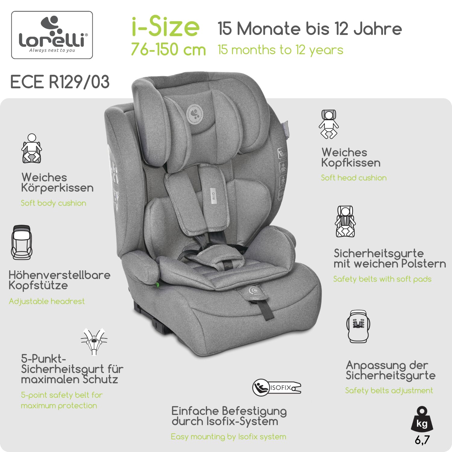 Lorelli Auto Kindersitz Rio mit Isofix, i-Size 76-150 cm, Mitwachsender Autositz für Kinder, Babysitz, Autokindersitz, Verstellbare Kopfstütze, 5-Punkt-Sicherheitsgurt, Ginger - Meloni2