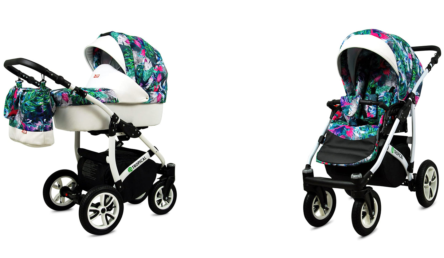 BabyLux® Bambimo Pushchair Set 3 in 1 - Tropical - incl. Baby Carrycot, Buggy Sports Seat, Car Seat - Pram Set - Combination Pram with Changing Bag, Rain Cover etc.