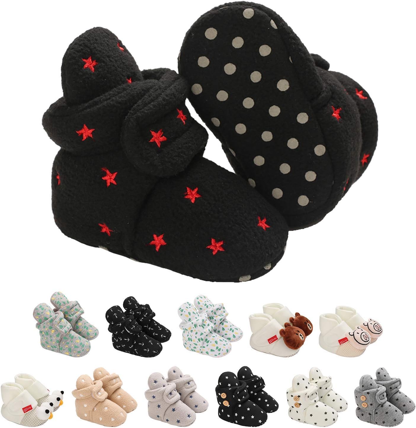 EDOTON Unisex-Baby Neugeborenes Fleece Booties, Baby Jungen Mädchen Weiche Sohlen Streifen Bootie Kleinkind Stiefel Niedlich Stiefel Socke Einstellbar