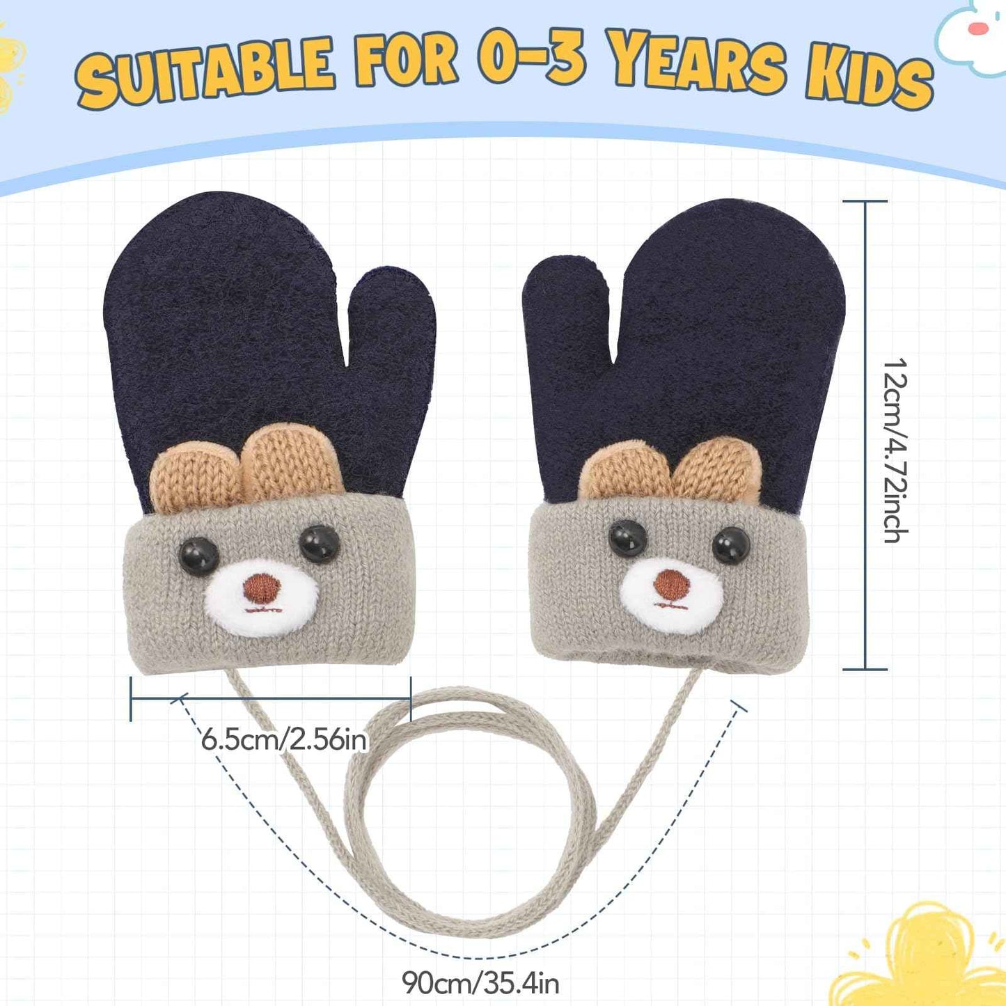 Becellen Fäustlinge Baby, Warme Weiche Kleinkind Strickhandschuhe mit Schlüsselband Niedliche Cartoon-Musterdesign Fäustlinge Baby Doppelt Winter Handschuhe für 0-3 Jahre Jungen Mädchen