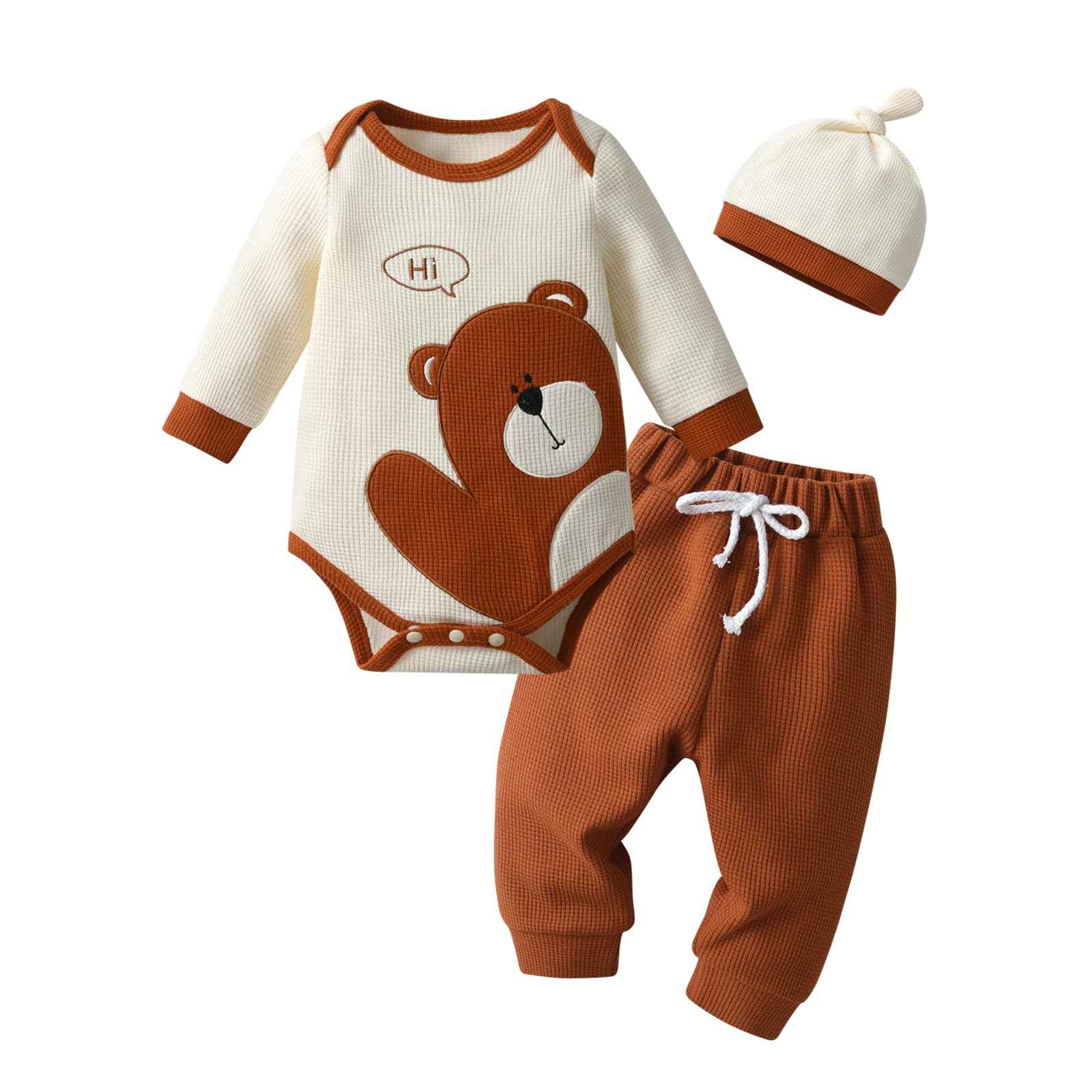 Derouetkia Baby Boys Clothes Bear Print Long Sleeve Tops + Trousers 3-Piece Outfit Set
