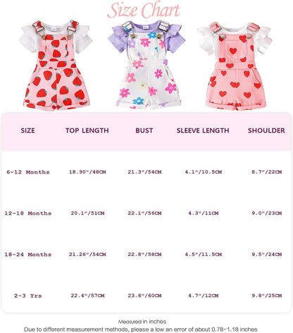Baby Mädchen Sommer Outfits Rüschen Kurzarm Ripptop+ Blumen/Herzmuster Overalls Shorts Mit Tasche Süßes 2-Teiliges Kleidungsset