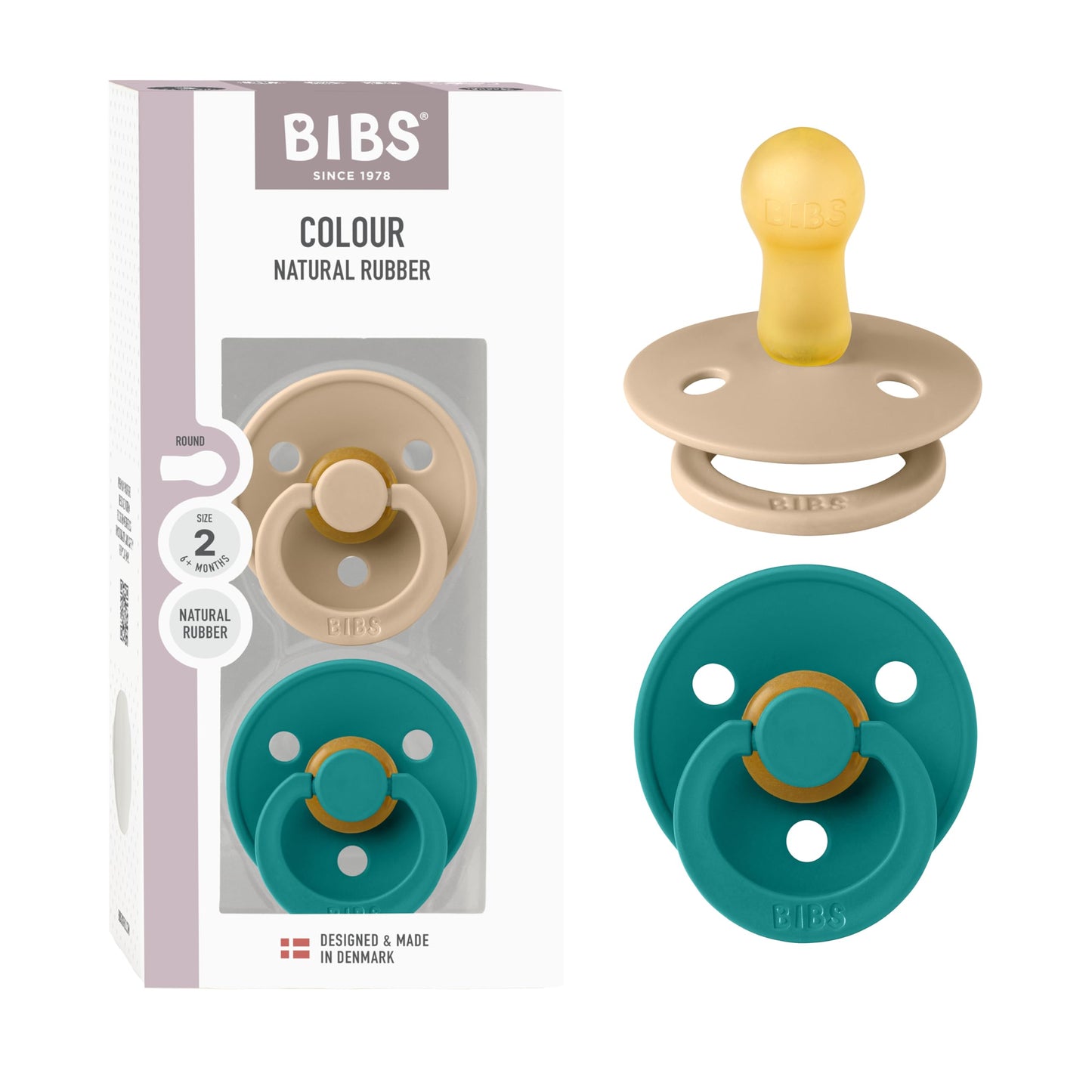 BIBS Colour Schnuller 2er-Pack, BPA-frei, Kirschform Nippel. Naturkautschuk/Latex, Hergestellt in Dänemark. Größe 2 | 6+ Monate | 2-Pack, Coral/Ruby