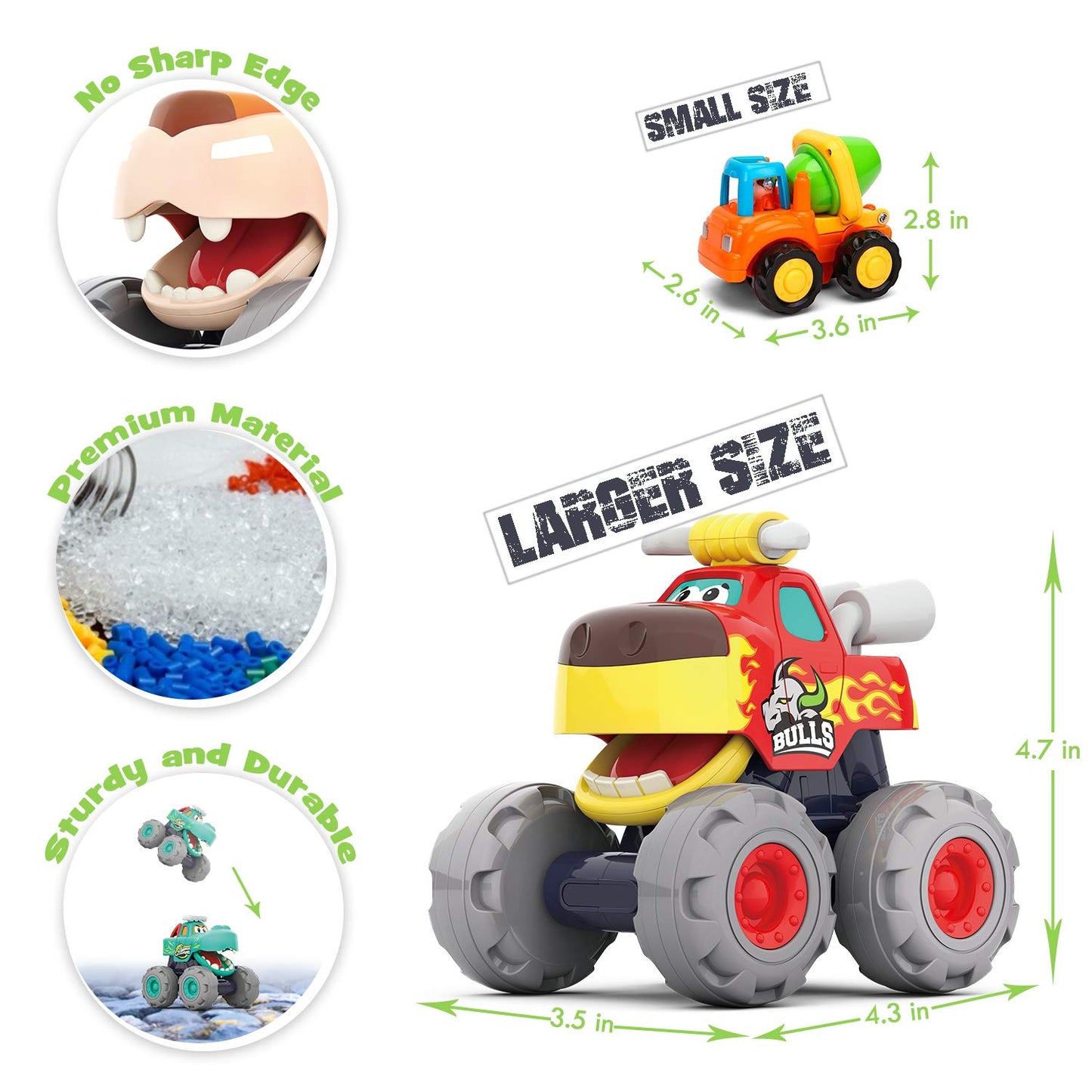 MOONTOY Baby Spielzeugauto Bagger Konstruktionsfahrzeuge Baufahrzeuge 4 in einem Set für Kinder, Traktor, Bulldozer, Kipper & Zementmischer