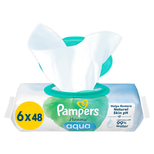 Pampers Harmonie Aqua Wet Wipes 6 Packs of 48 Wet Wipes, 288 Wet Wipes to Help Restore Skin's Natural pH Value Lightweight Lotion with 99 Percent Water