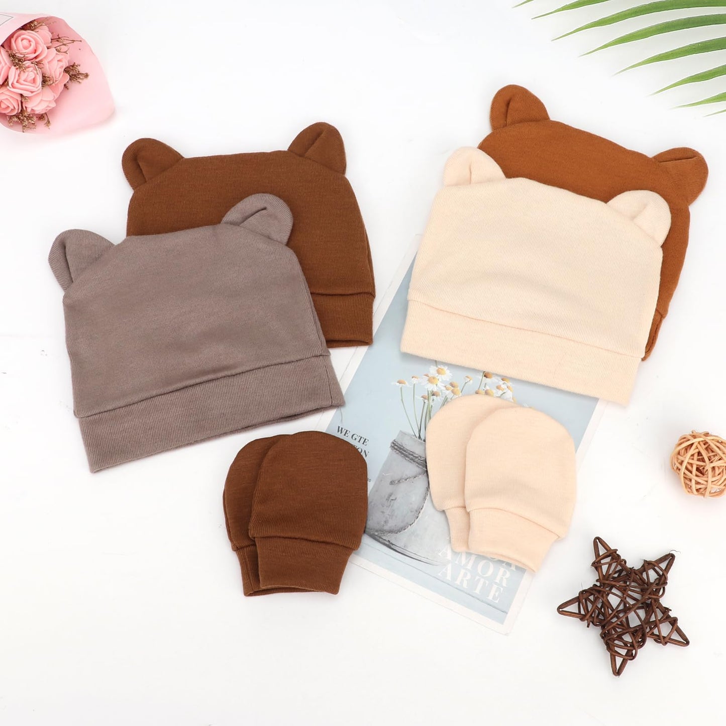 DRESHOW Newborn Baby Hat and Gloves Set Beanie Clothing Unisex Infant Hat Kindergarten Cap Baby Boys Girls 0-6 Months 