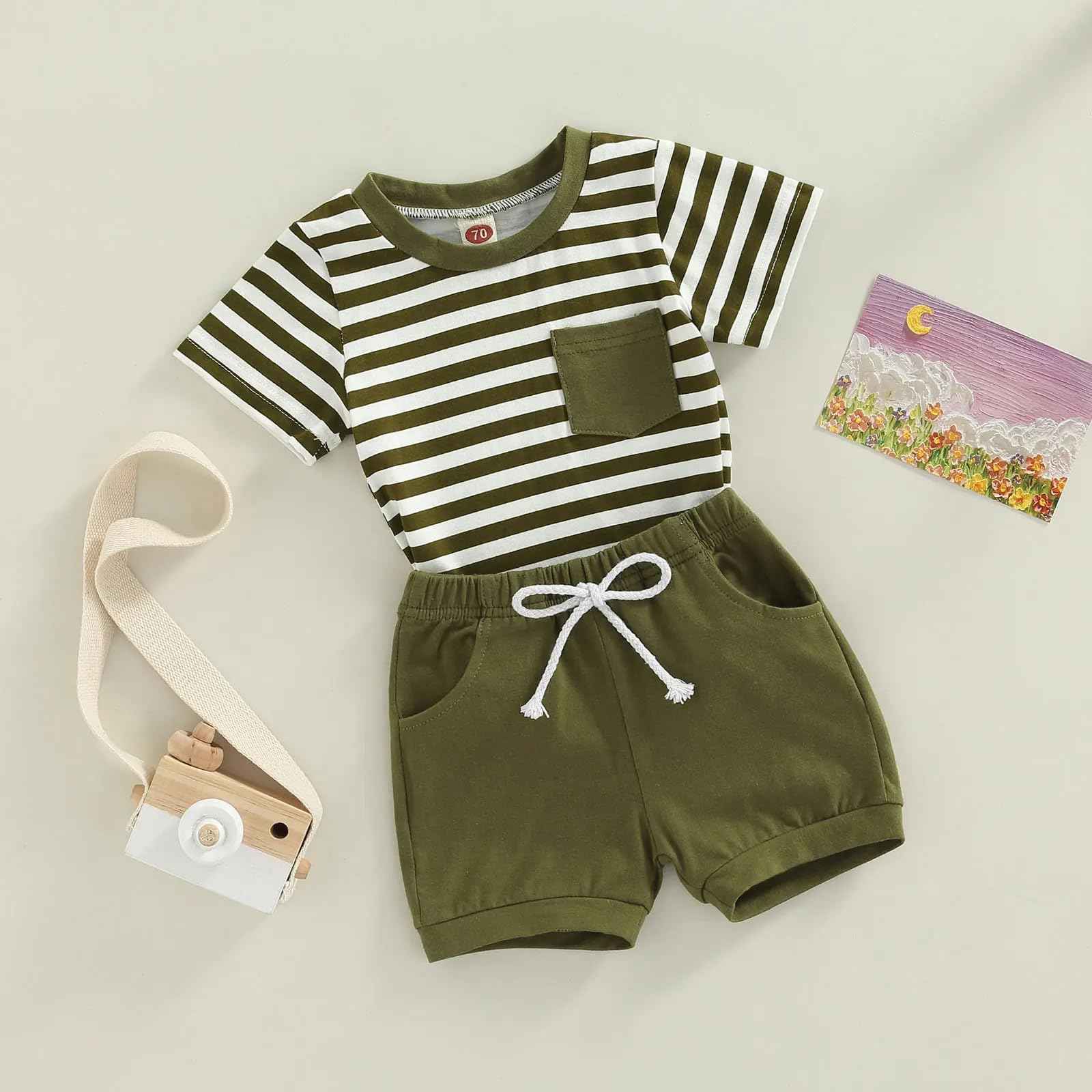Baby Sommerkleidung Jungen Neugeborene Set Kurzarm Streifen T-Shirt und Casual Hose mit Taschen Sommer 2Pcs Outfits Kleinkind Bekleidungsset