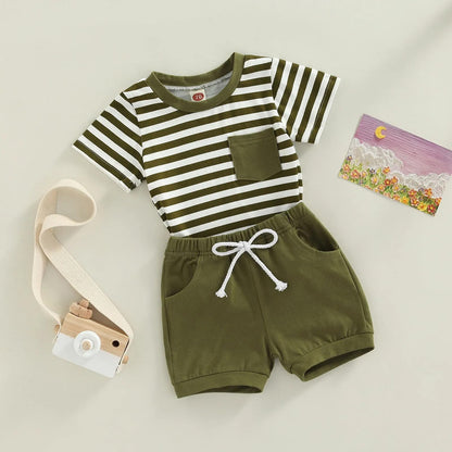 Baby Sommerkleidung Jungen Neugeborene Set Kurzarm Streifen T-Shirt und Casual Hose mit Taschen Sommer 2Pcs Outfits Kleinkind Bekleidungsset