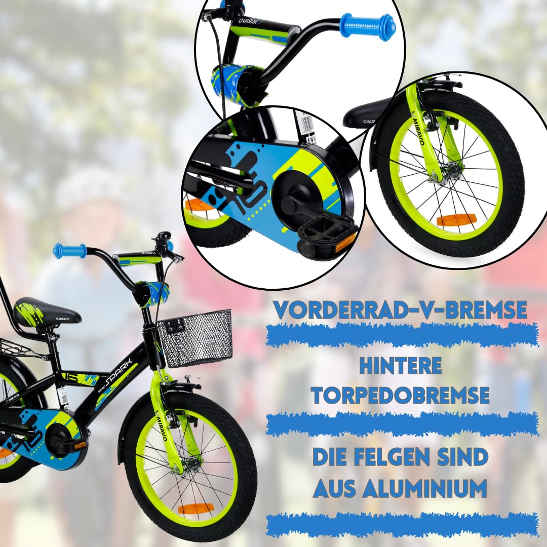 MIRAVO Kinderfahrrad Fahrrad Kinder Ab 2 Bis 8 Jahre Mit Stützrädern Schubstange V-Brake Bremsen Rückstrahl Aufkleber 12 16 20 Zoll Radgröße Korb Für Junge Spark - Meloni2