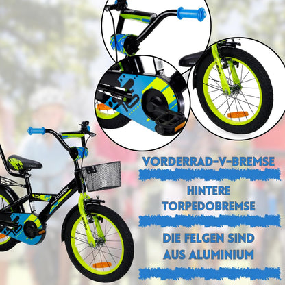 MIRAVO Kinderfahrrad Fahrrad Kinder Ab 2 Bis 8 Jahre Mit Stützrädern Schubstange V-Brake Bremsen Rückstrahl Aufkleber 12 16 20 Zoll Radgröße Korb Für Junge Spark - Meloni2