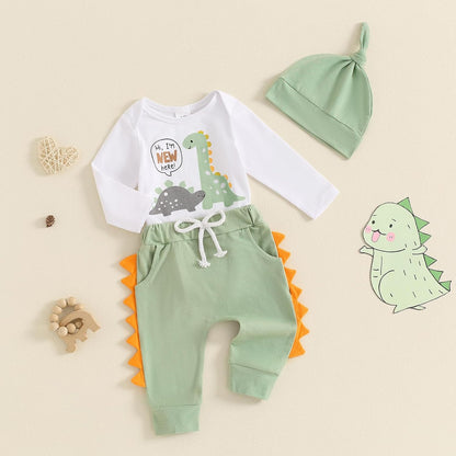 Hallo Ich bin neu hier Neugeborene Baby Jungen Kleidung Set Dinosaurier Print Langarm Bodysuit und Hosen Baumwolle Baby Kleidung Set Herbst Winter Kleidung Sets für Baby Jungen Outfits